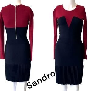Sandro Paris burgundy black color Block Pleated Accordion Sweater dress size s